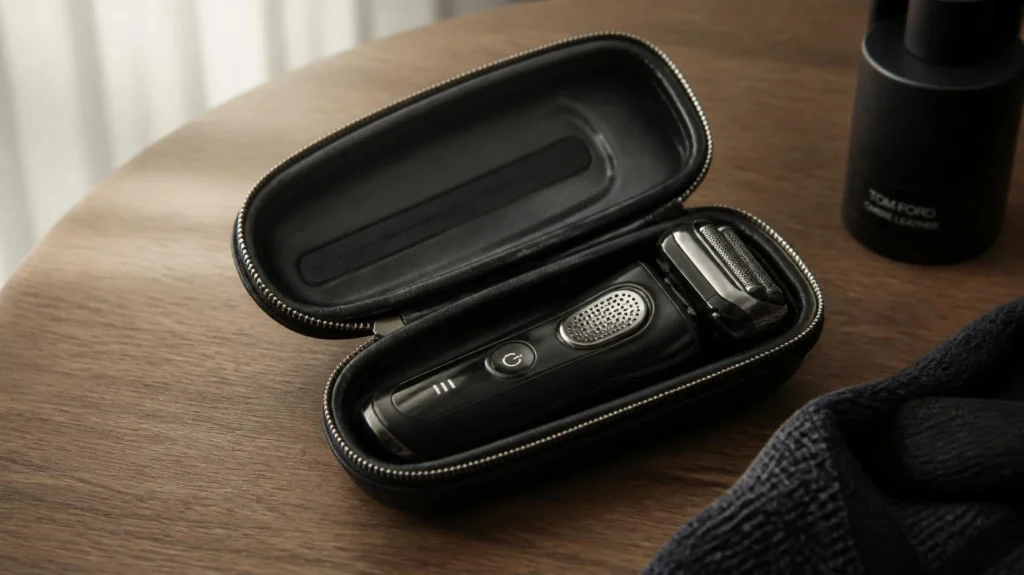 electric shaver stored in premium travel case