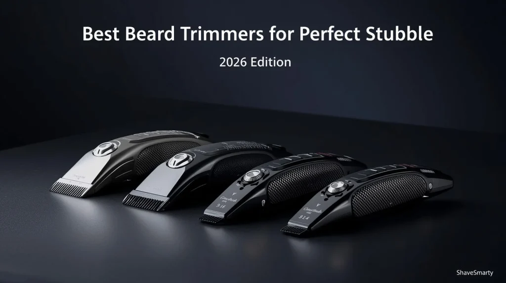 “Ultra-sharp vertical 9:16 featured image of premium beard trimmers arranged neatly on a matte black grooming table. High-end studio lighting with soft diffused glow and cinematic shadows. Close-up focus on metallic blades, textured grip handles, precision dial controls. Deep charcoal-to-navy gradient background with subtle depth-of-field blur. Bold minimal headline text at upper area: ‘Best Beard Trimmers for Perfect Stubble — 2026 Edition’. Add a clean, subtle bottom-corner watermark text: ‘ShaveSmartly’. Style: luxury grooming product photography, crisp, modern, masculine, editorial, 8K resolution.”