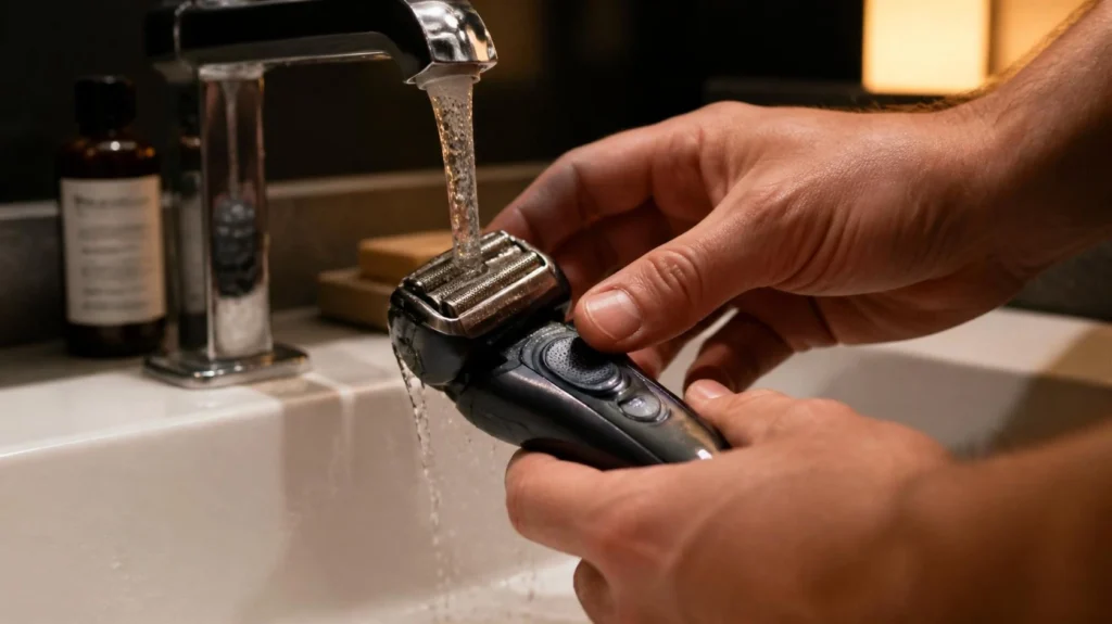 man cleaning electric shaver under running water